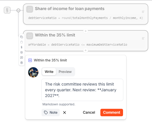 The comment box at the step Within the 35% limit, with a comment in Markdown, the tag Note, and the Comment button