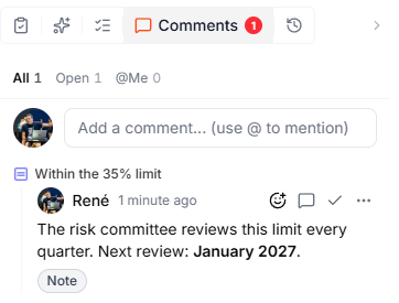 The Comments panel with the tabs All, Open, and @Me, a field to add a comment, and a comment by René on the step Within the 35% limit, tagged Note