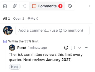 The Comments panel with the tabs All, Open, and @Me, a field to add a comment, and a comment by René on the step Within the 35% limit, tagged Note
