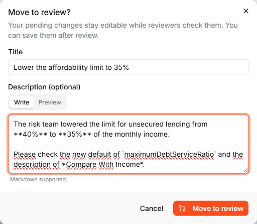 The Move to review dialog with the title Lower the affordability limit to 35% and a description in Markdown