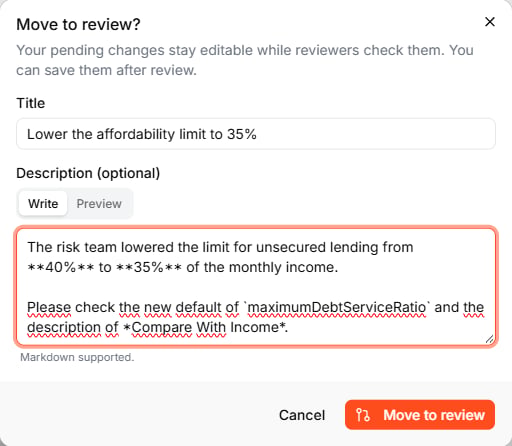 The Move to review dialog with the title Lower the affordability limit to 35% and a description in Markdown