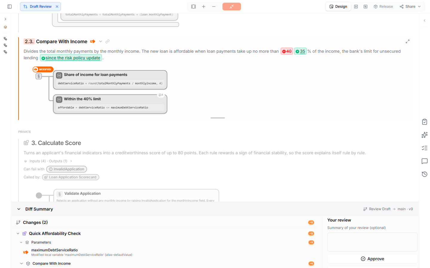 Draft Review of the Quick Affordability Check — the section Compare With Income is marked as modified, its description shows 40 struck through and 35 added, the Diff Summary lists the changes from Review Draft to main v9, and Your review offers Approve