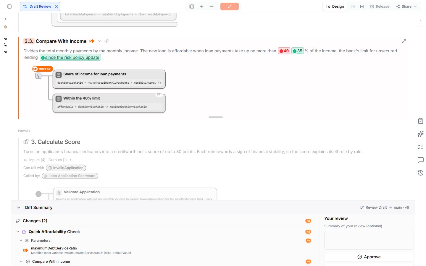 Draft Review of the Quick Affordability Check — the section Compare With Income is marked as modified, its description shows 40 struck through and 35 added, the Diff Summary lists the changes from Review Draft to main v9, and Your review offers Approve