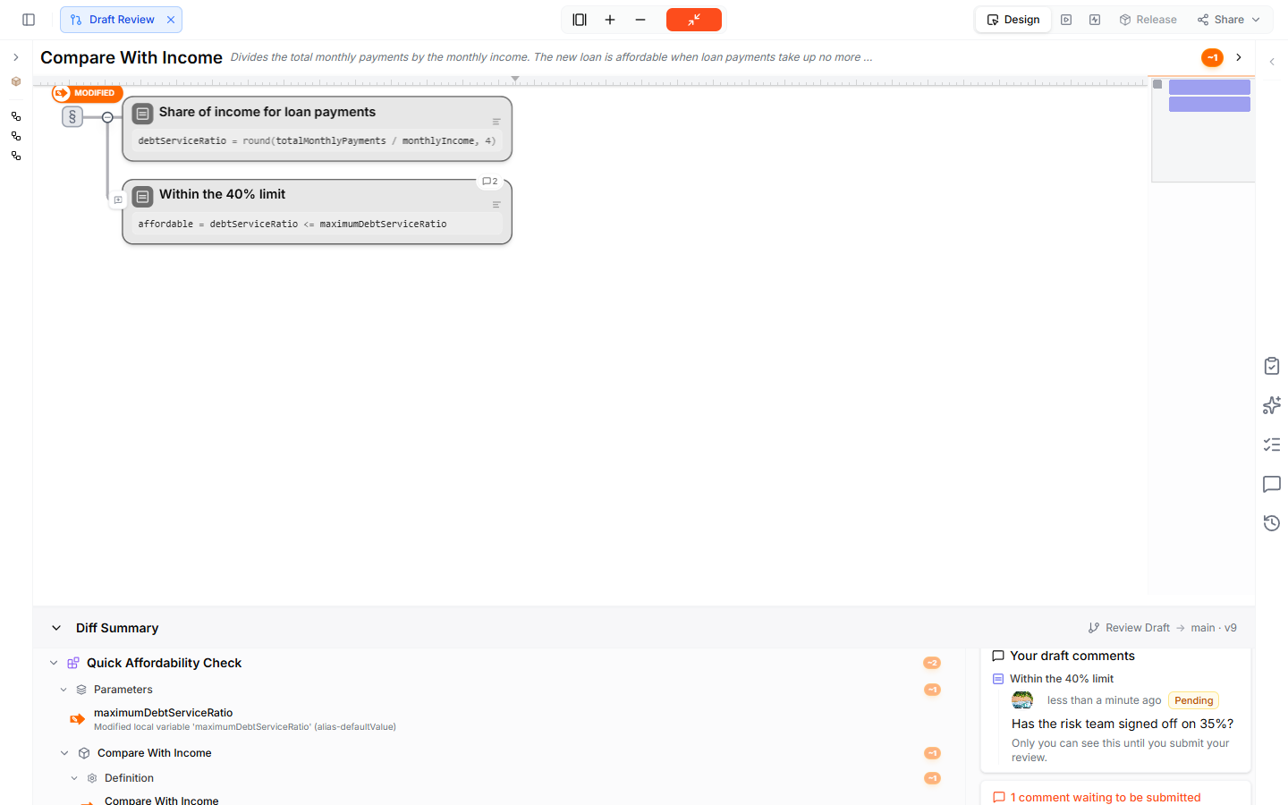 A pending comment — the step Within the 40% limit in a maximized section, and under Your draft comments the question Has the risk team signed off on 35%? with the Pending badge and 1 comment waiting to be submitted