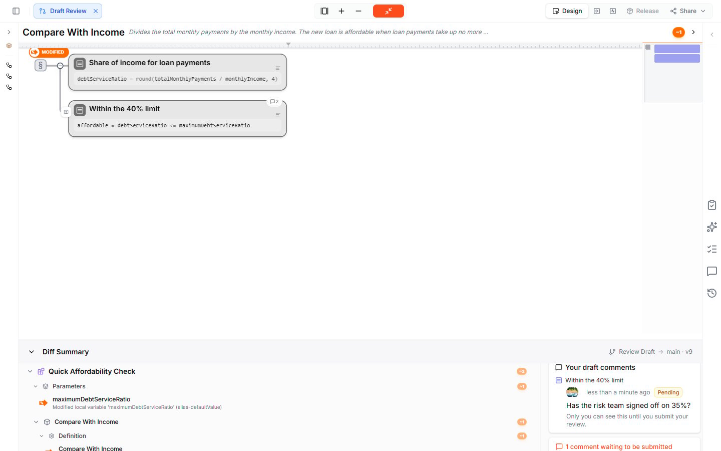 A pending comment — the step Within the 40% limit in a maximized section, and under Your draft comments the question Has the risk team signed off on 35%? with the Pending badge and 1 comment waiting to be submitted