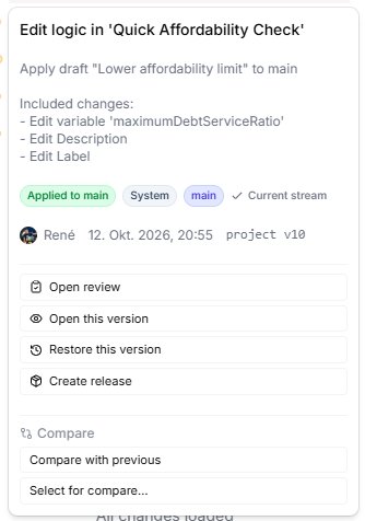 The card of the newest change on main — Edit logic in 'Quick Affordability Check', Apply draft Lower affordability limit to main with the included changes, the badges Applied to main, System, and main, René with the timestamp and project v10, and the actions Open review, Open this version, Restore this version, Create release, and Compare