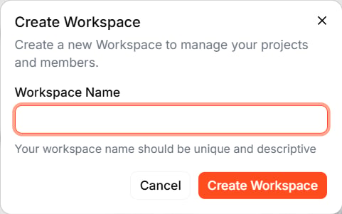 The Create Workspace dialog with a Workspace Name field