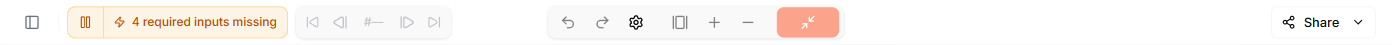 The editor top toolbar — toggle sidebar, the live-execution play/pause button with a status pill, trace controls, undo and redo, canvas settings, split-view, zoom and fit, minimize, and the Share button
