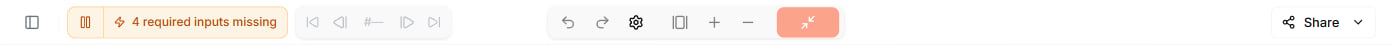 The editor top toolbar — toggle sidebar, the live-execution play/pause button with a status pill, trace controls, undo and redo, canvas settings, split-view, zoom and fit, minimize, and the Share button