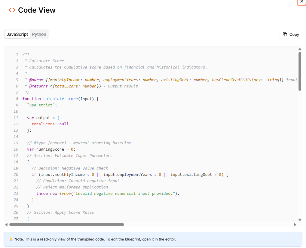 The Code View dialog showing transpiled JavaScript with syntax highlighting