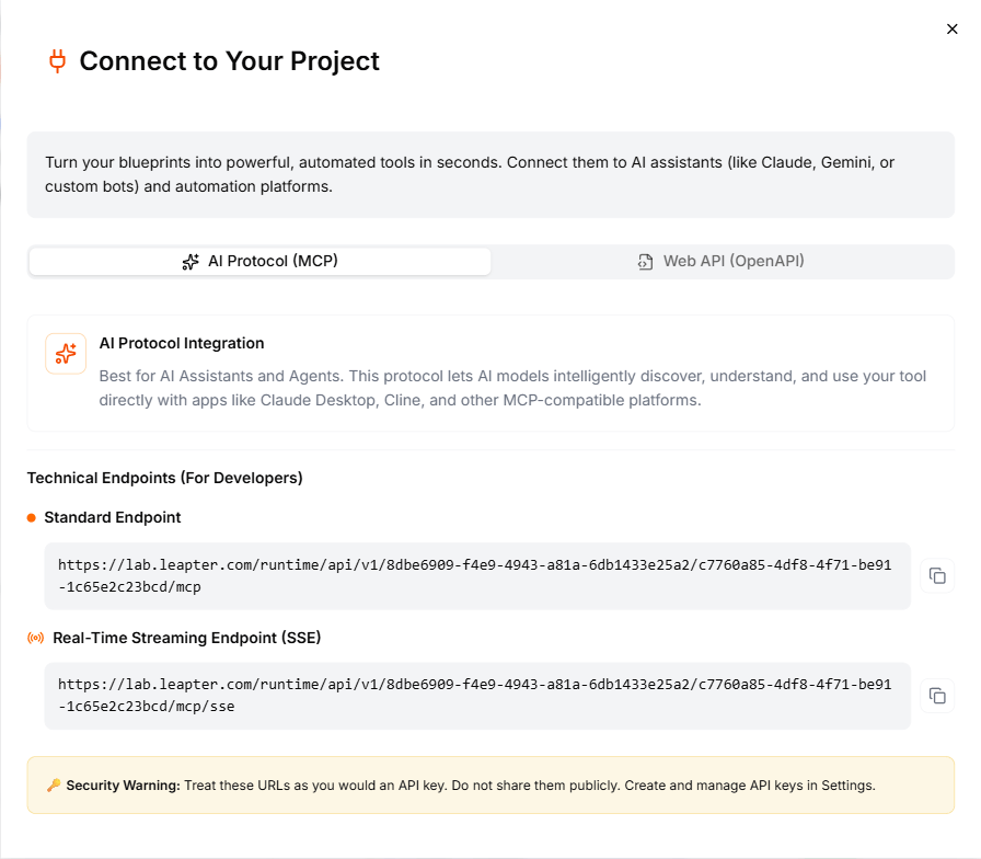 The Connect dialog showing the AI Protocol (MCP) tab with endpoint URLs