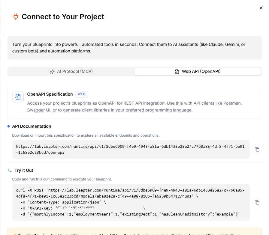The Connect dialog showing the Web API (OpenAPI) tab with the spec URL and curl example
