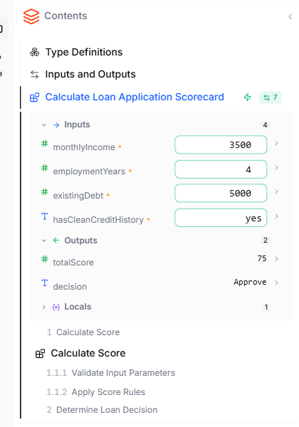 The Contents sidebar with a blueprint expanded — each input has a control for setting its value, and the outputs show their current values after a run