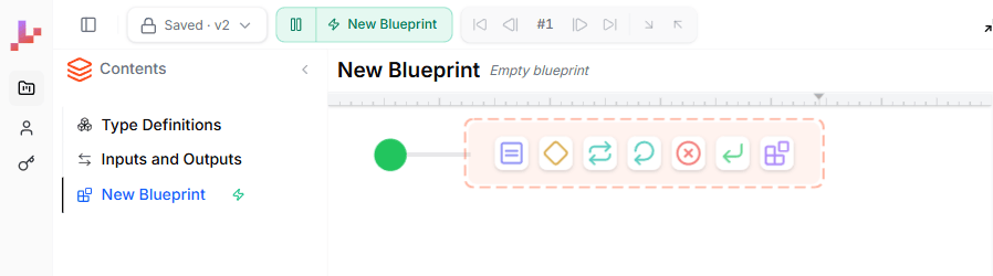 Empty Blueprint with the Start node and element palette ready next to it