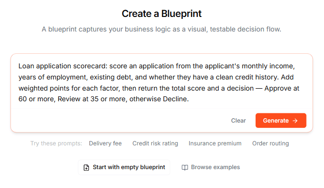 Prompt filled with a loan application scorecard description, Generate button active