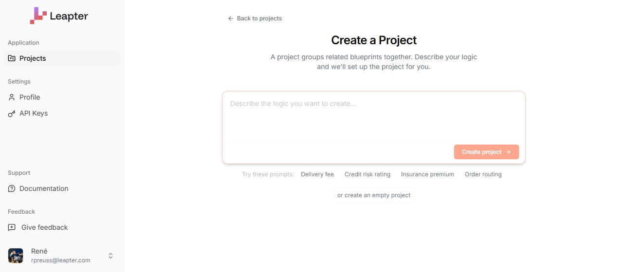 The Create a Project page with a prompt field, Create project button, and a link to start with an empty project instead