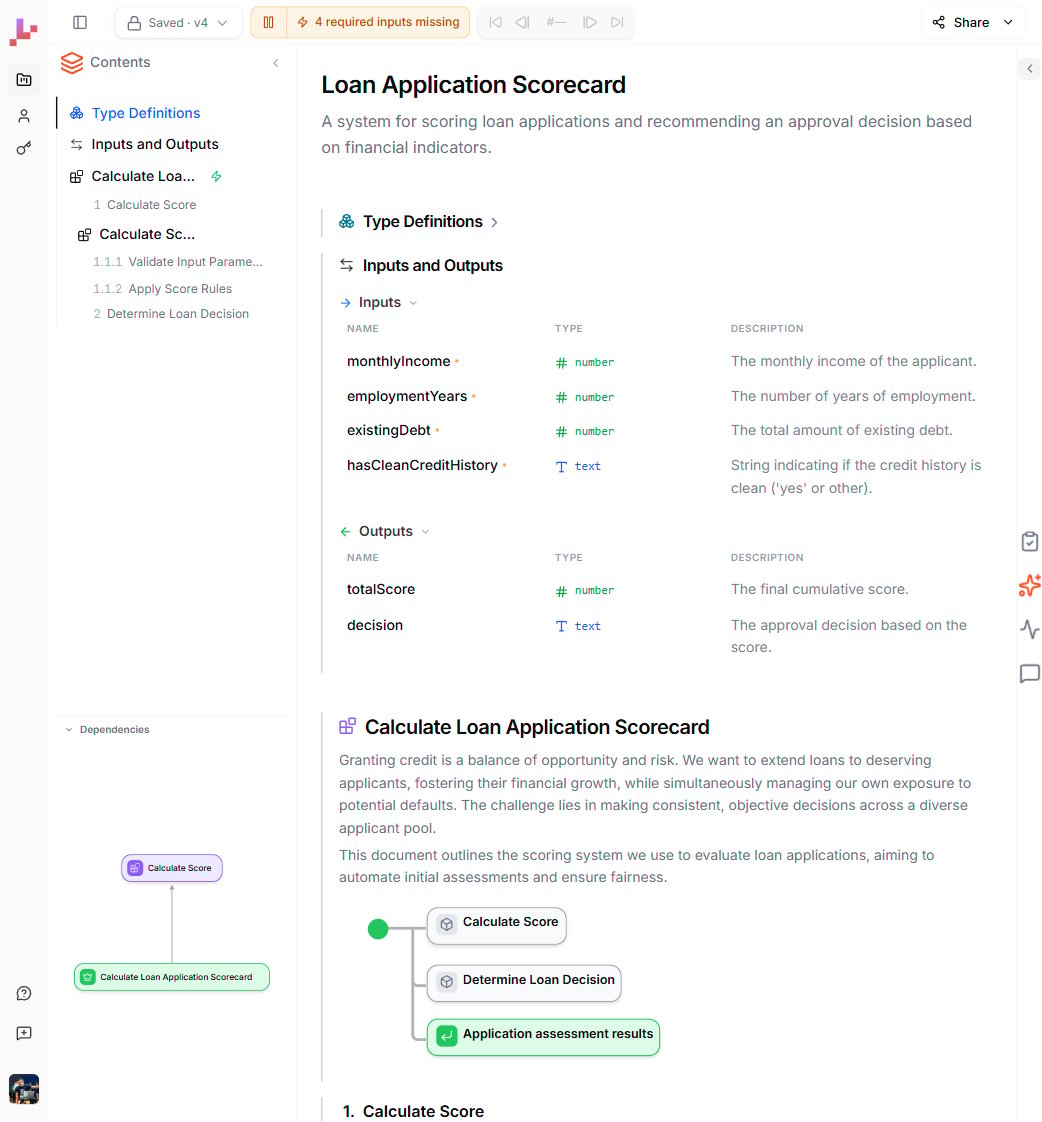 The Blueprint Editor showing the Loan Application Scorecard — the Contents sidebar, the project's inputs and outputs, and the main Blueprint calling a Calculate Score sub-Blueprint