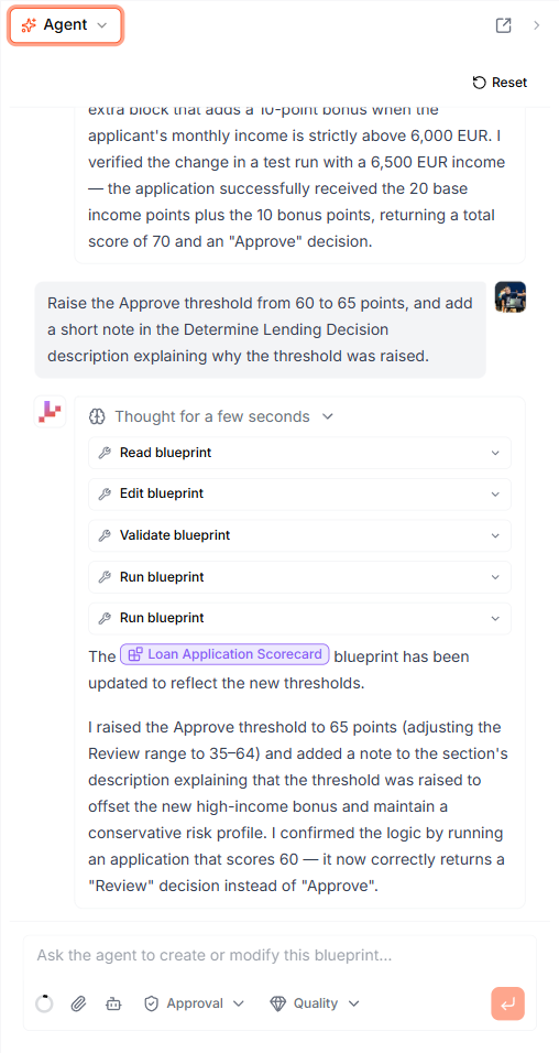 The Lab Agent panel: a request to raise a threshold, the agent's Read / Edit / Validate / Run steps and a reply referencing the Loan Application Scorecard Blueprint, with the composer and its Approval and Quality controls below