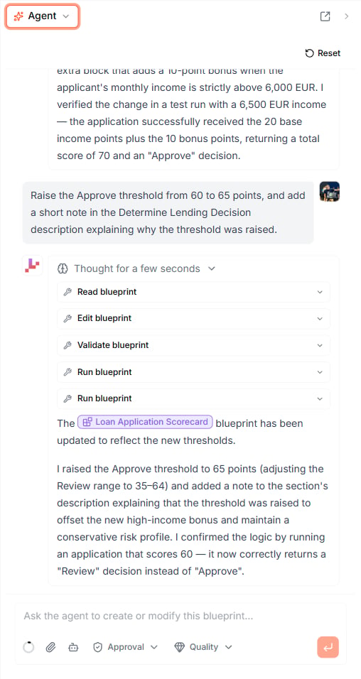 The Lab Agent panel: a request to raise a threshold, the agent's Read / Edit / Validate / Run steps and a reply referencing the Loan Application Scorecard Blueprint, with the composer and its Approval and Quality controls below