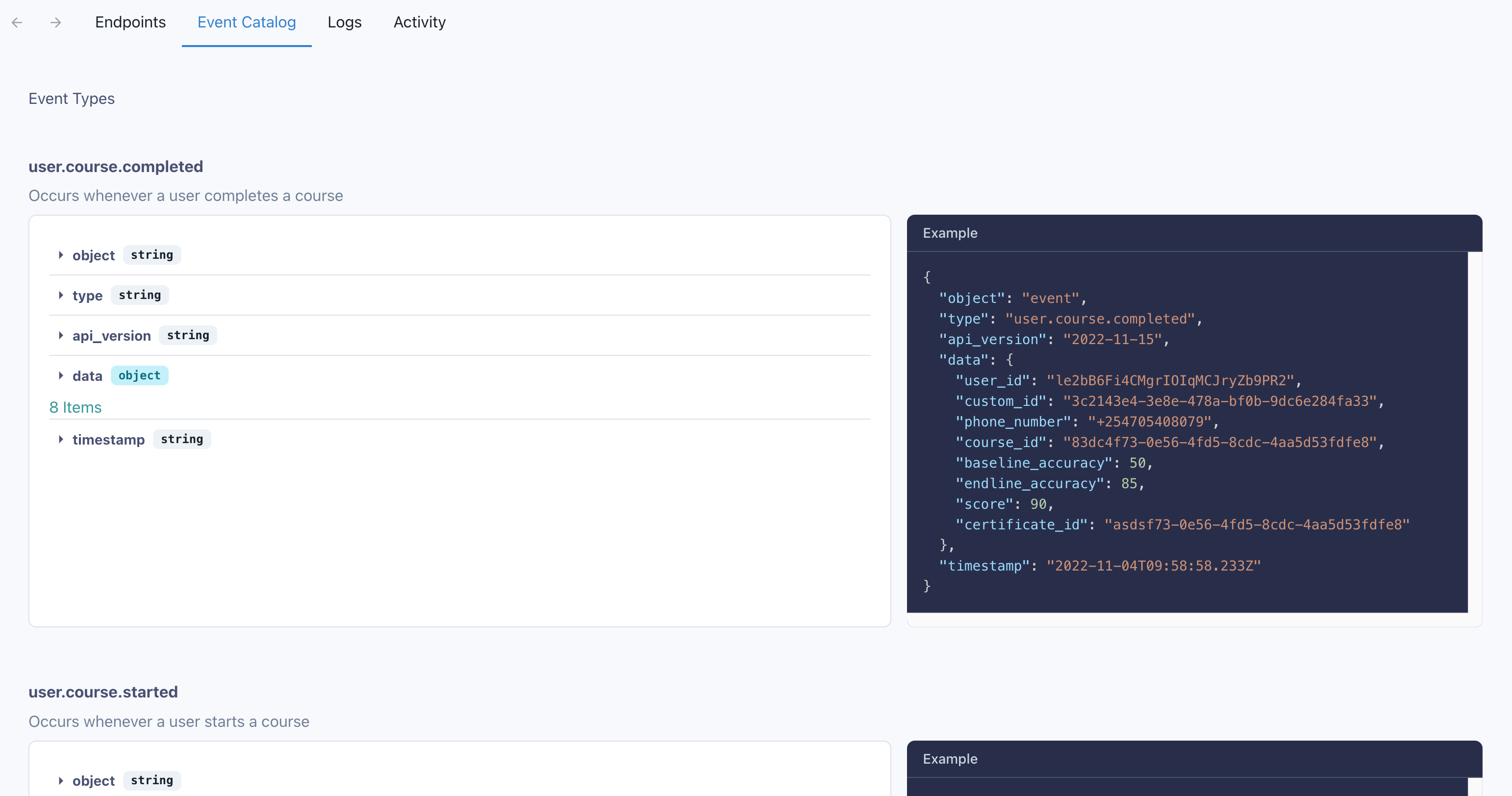 Event Catalog showing available webhook event types, schemas, and example payloads.