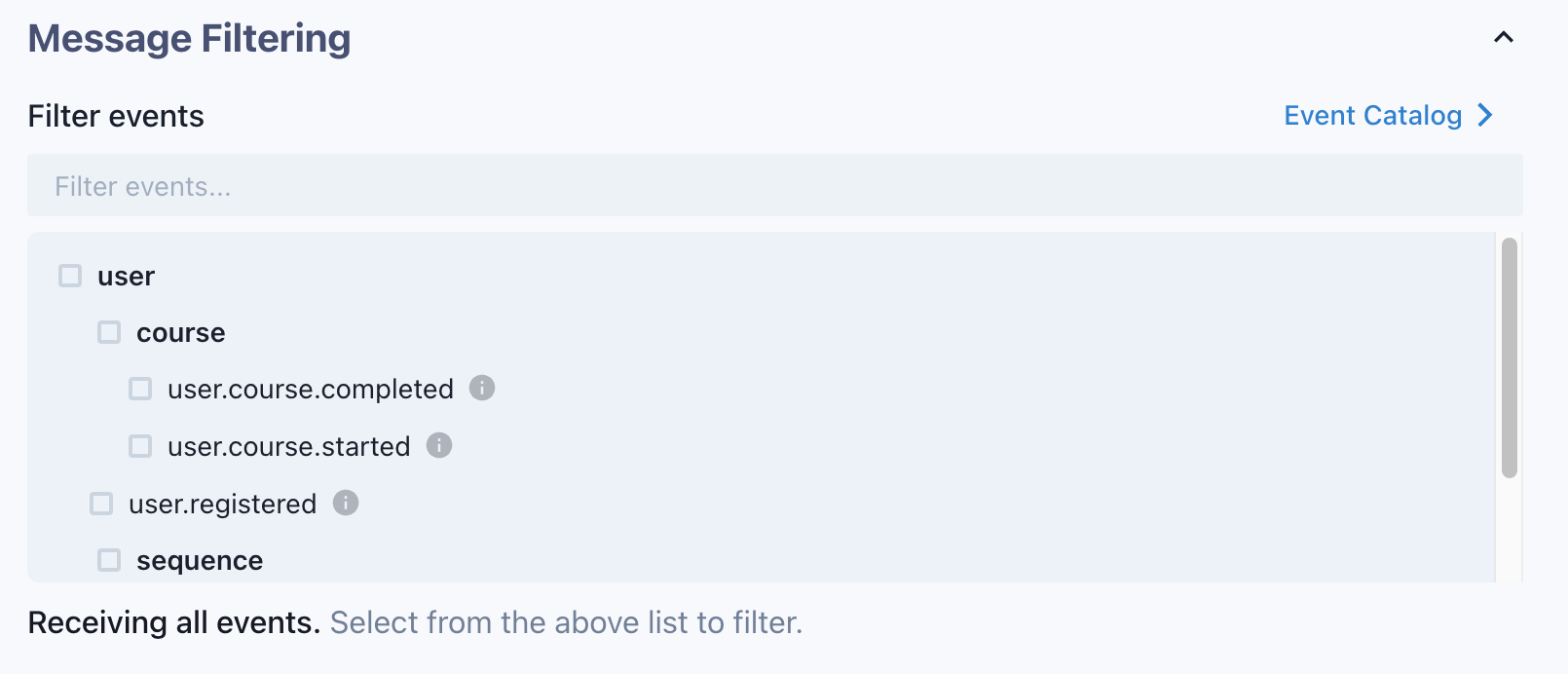Event selection UI with checkboxes for webhook event types.