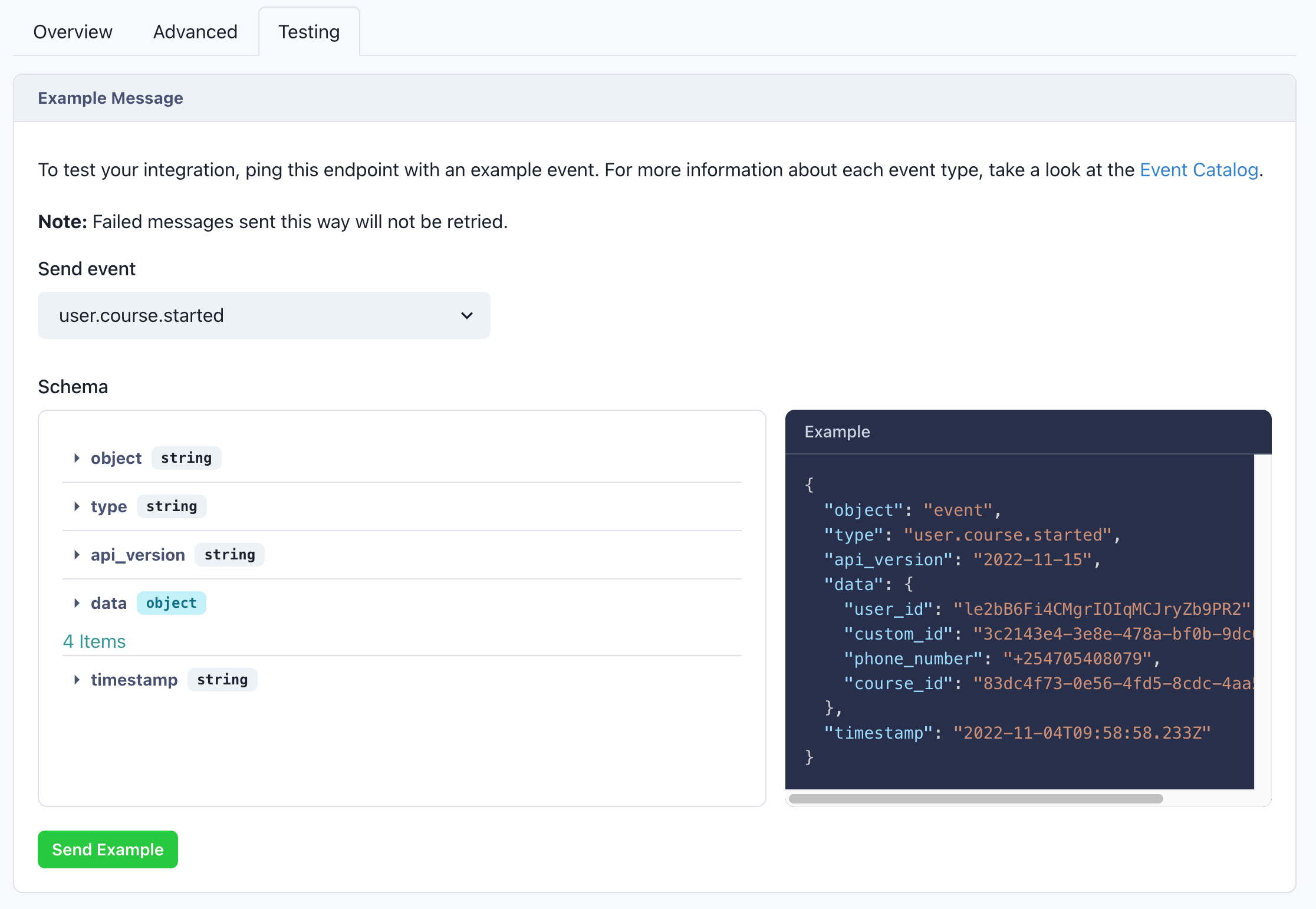 Testing tab showing a Send Example button and an example event payload.