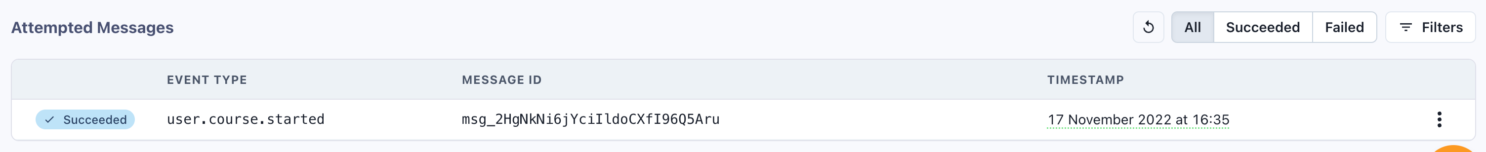 Attempted Messages log showing a succeeded webhook delivery.