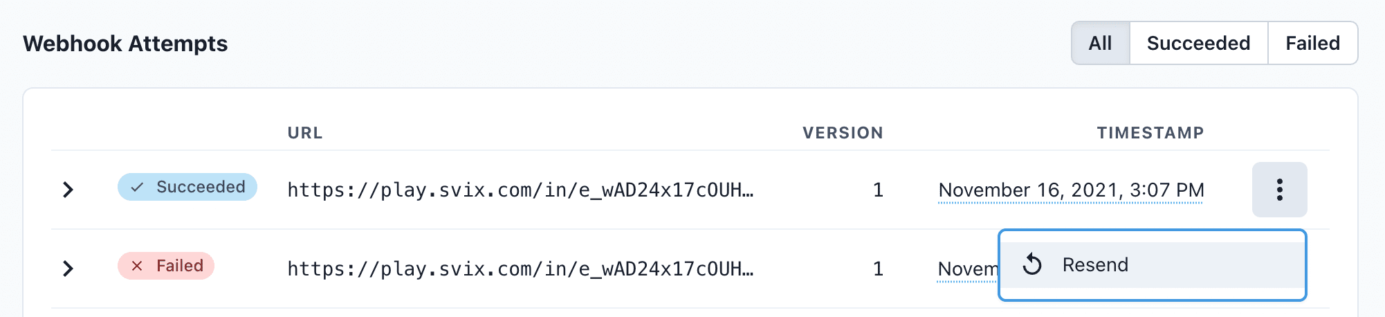 Webhook attempts log showing the options menu with Resend.