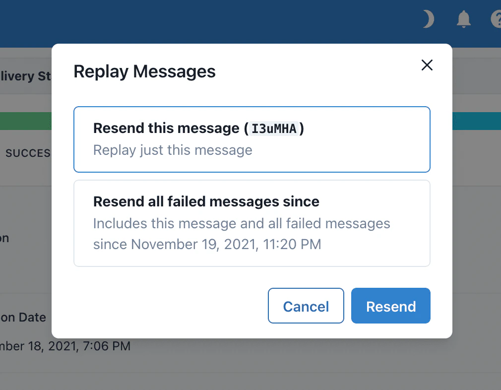 Replay Messages dialog with options to resend a single message or resend failed messages since a time.