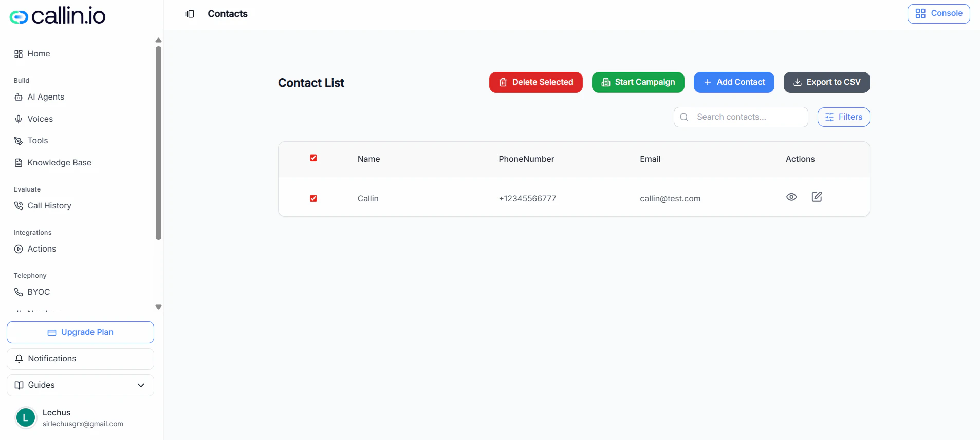 Contacts page showing the Contact List table, Add Contact and Upload CSV buttons, plus search and filters