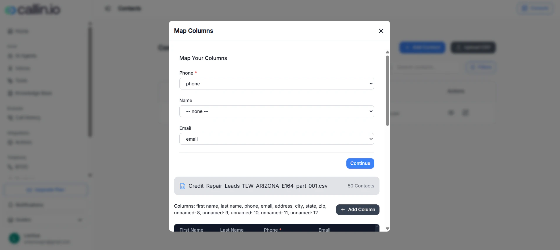 Upload CSV modal with Download Template and Select File, showing CSV-only and max 10MB