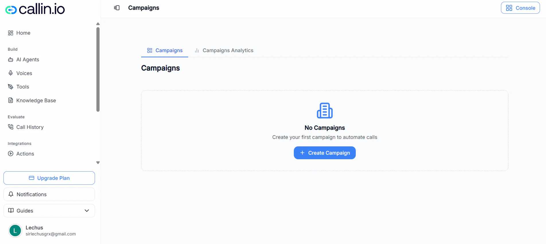 Campaigns page showing campaign cards, Filters, Create Campaign button, and filter fields like Status and Date Range