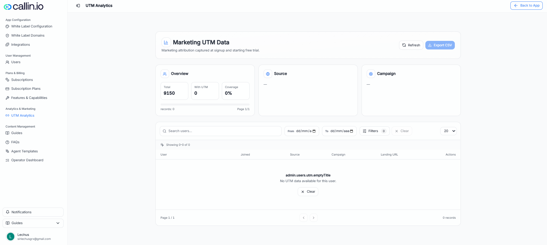 UTM Analytics page showing a Marketing UTM Data header, overview cards (Total, With UTM, Coverage), panels for Source and Campaign, and a table with search, date filters, filters, refresh, and export CSV.
