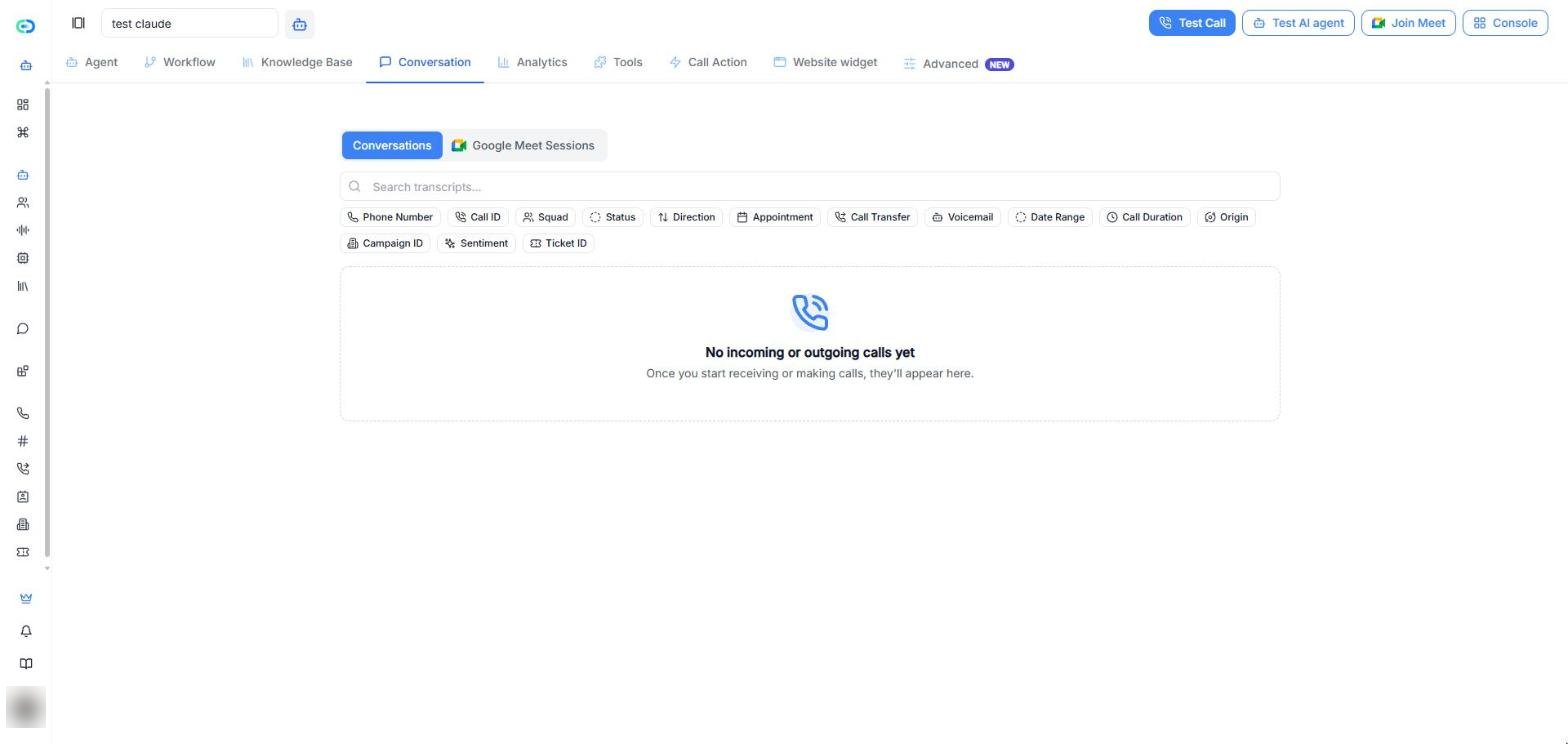 La scheda Conversazione con le sottoschede Conversazioni e Sessioni Google Meet, la ricerca nelle trascrizioni e i filtri delle chiamate dell'agente.