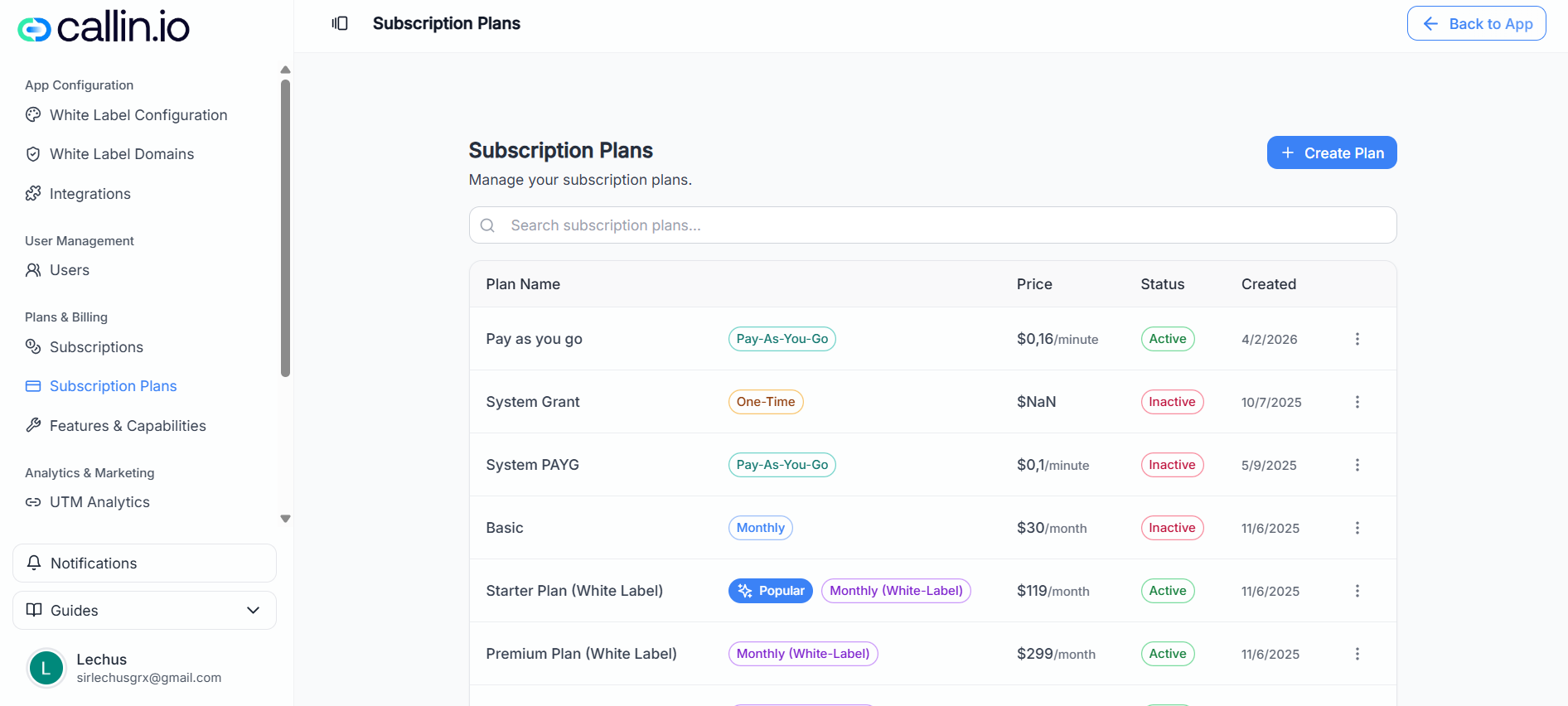 Subscription Plans page showing the Create Plan button, a search bar, a plans table, and a three-dot actions menu with Copy Plan ID, Edit Plan, and Deactivate Plan.