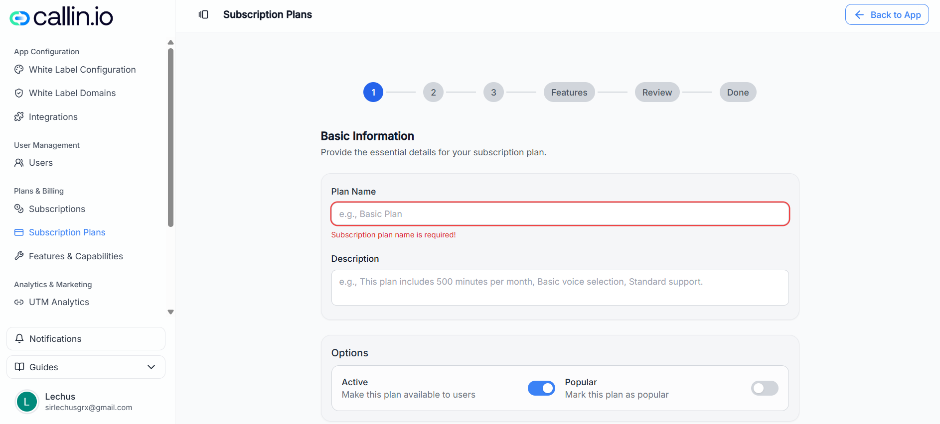 Create Subscription Plan wizard on Step 1 (Basic Information) showing required Plan Name, optional Description, and toggles for Active and Popular.