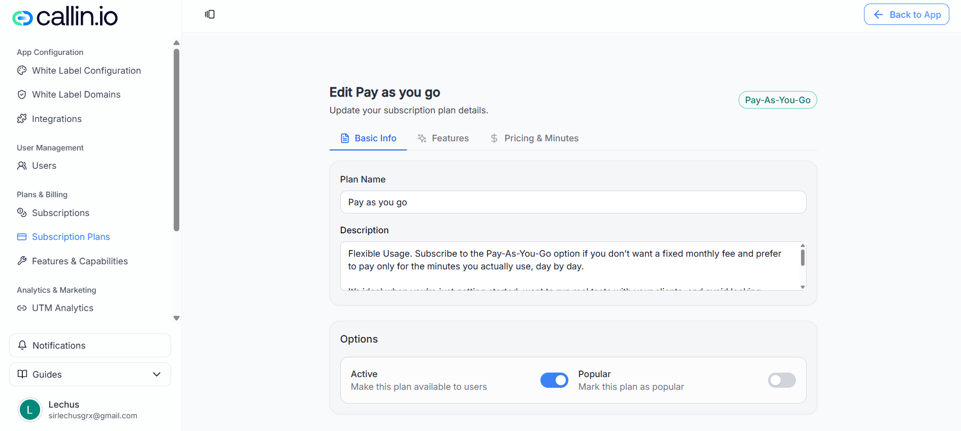 Edit plan page on the Pricing & Minutes tab showing a notice about price changes creating a new Stripe price, plus fields for included minutes, price, and an Additional Minutes toggle with a rate per additional minute.