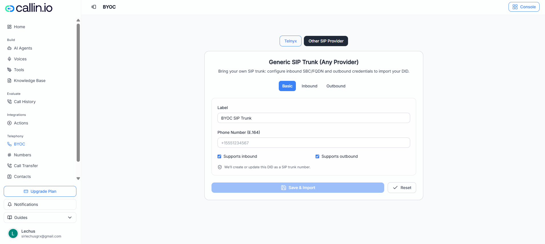 Pagina BYOC che mostra la configurazione Telnyx con campo chiave API, pulsante di avvio e lista di passaggi