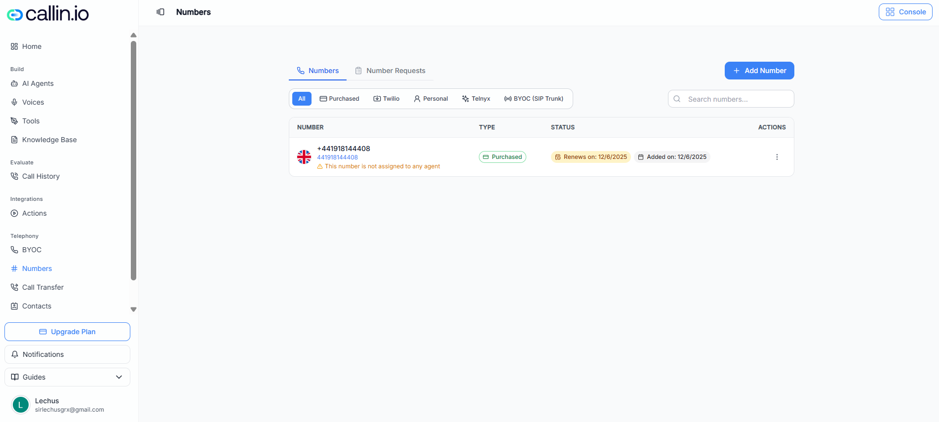 Pagina Numeri con filtri per provider e un menu di aggiunta per acquistare o importare numeri