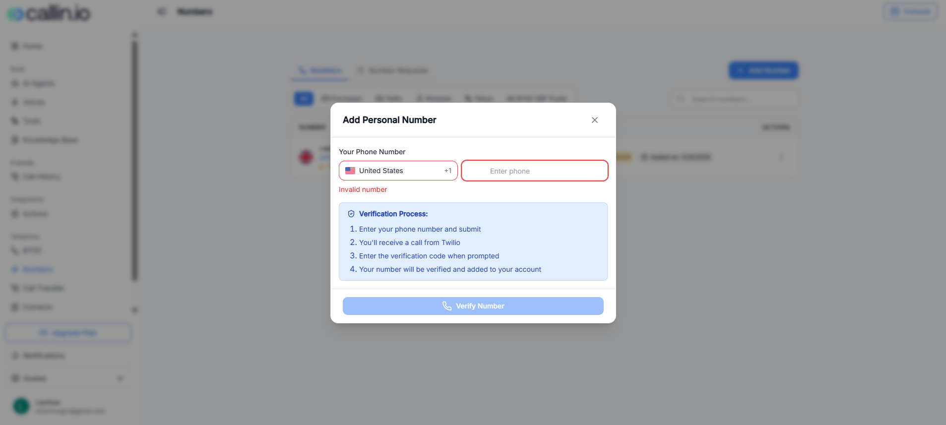 Finestra di aggiunta numero personale con selezione Paese, campo telefono e passaggi di verifica