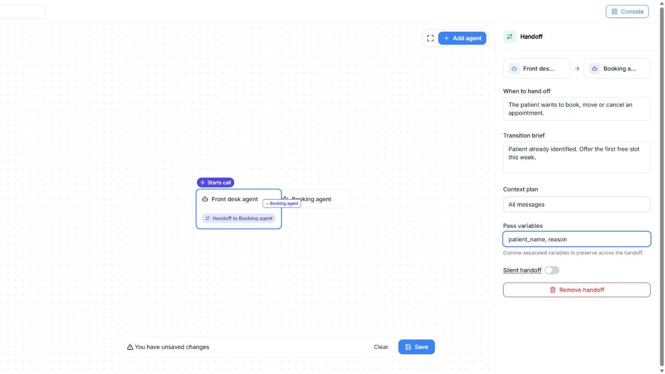Squad editor with a handoff from the front desk agent to the booking agent, and the Handoff panel with When to hand off, Transition brief, Context plan All messages, Pass variables, Silent handoff and Remove handoff