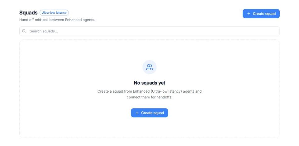Squads page with the Ultra-low latency label, the Create squad button, the Search squads box and the No squads yet message