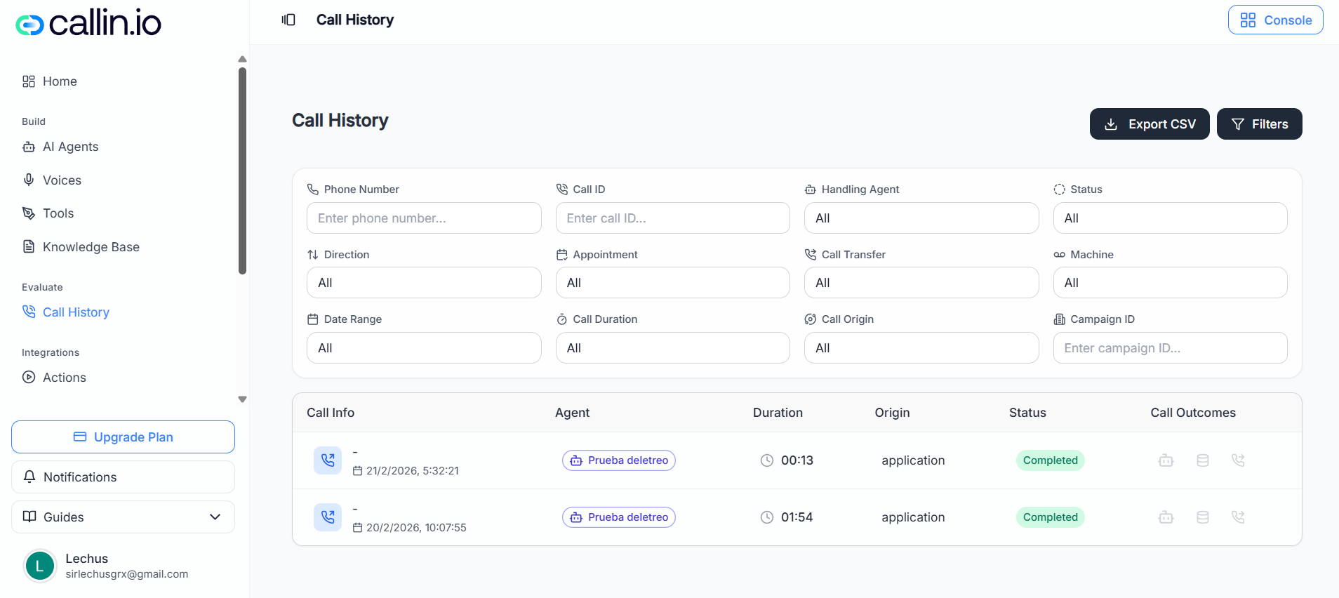 Pagina della cronologia chiamate con i campi di filtro (numero di telefono, ID chiamata, agente assegnato, stato, direzione, intervallo di date, ecc.) e i pulsanti Filtri ed Esporta CSV.