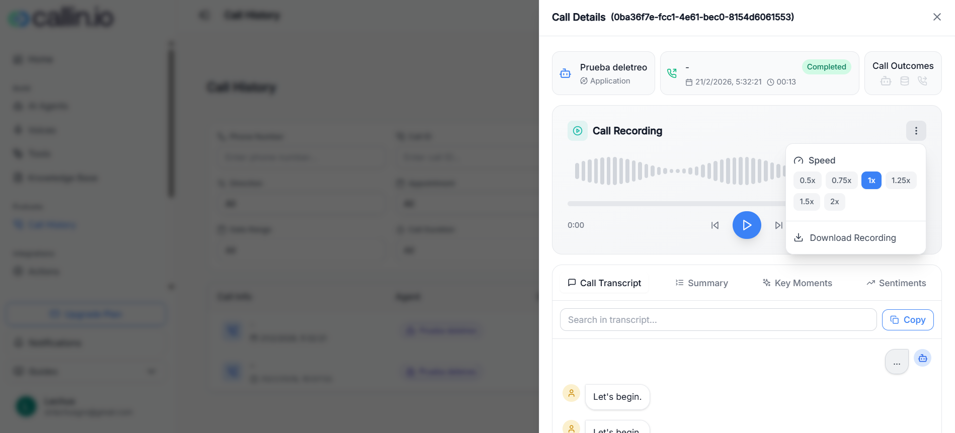 Pannello dei dettagli della chiamata che mostra la sezione di registrazione con il menu dei tre puntini aperto, incluse le opzioni di velocità e l’opzione per scaricare l’audio.