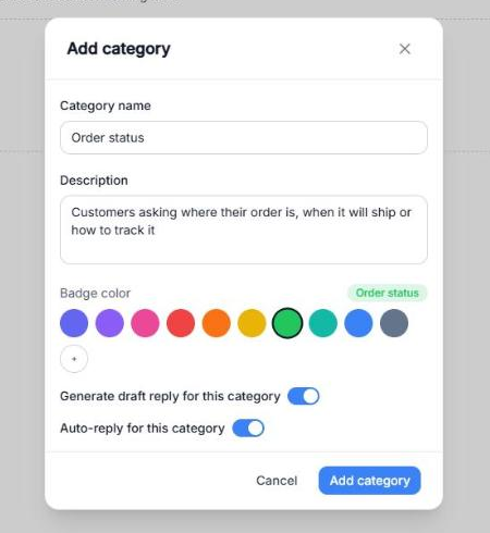 Add category window with the name Order status, a description, the green badge color and both reply switches turned on