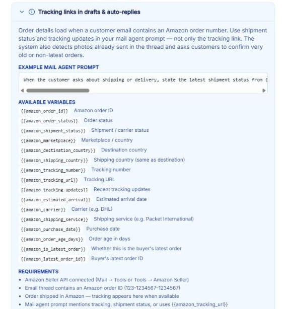 Tracking links in drafts and auto-replies panel with an example prompt, the list of available variables and the requirements