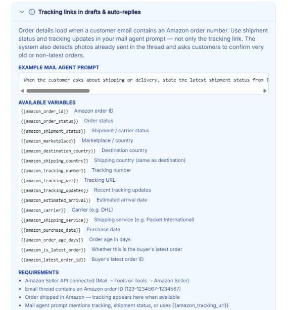 Tracking links in drafts and auto-replies panel with an example prompt, the list of available variables and the requirements