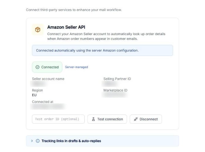 Tools section with the Amazon Seller API card showing the Connected status, the account details, and the Test connection and Disconnect buttons