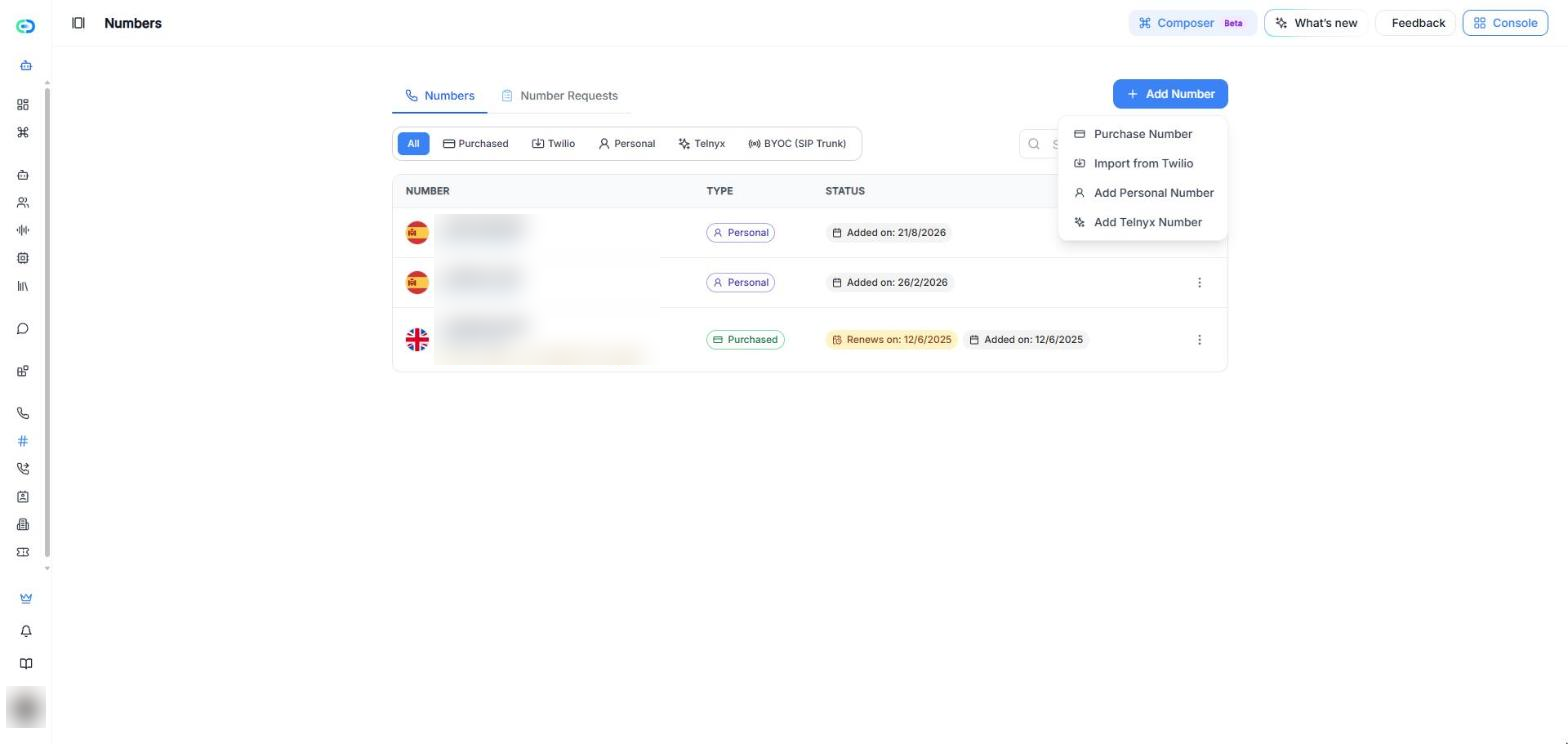 Pagina Numeri con le schede Numeri e Richieste Numeri, i filtri per tipo, l’elenco dei numeri e il menu + Aggiungi numero aperto con Acquista numero, Importa da Twilio, Aggiungi numero personale e Aggiungi numero Telnyx.