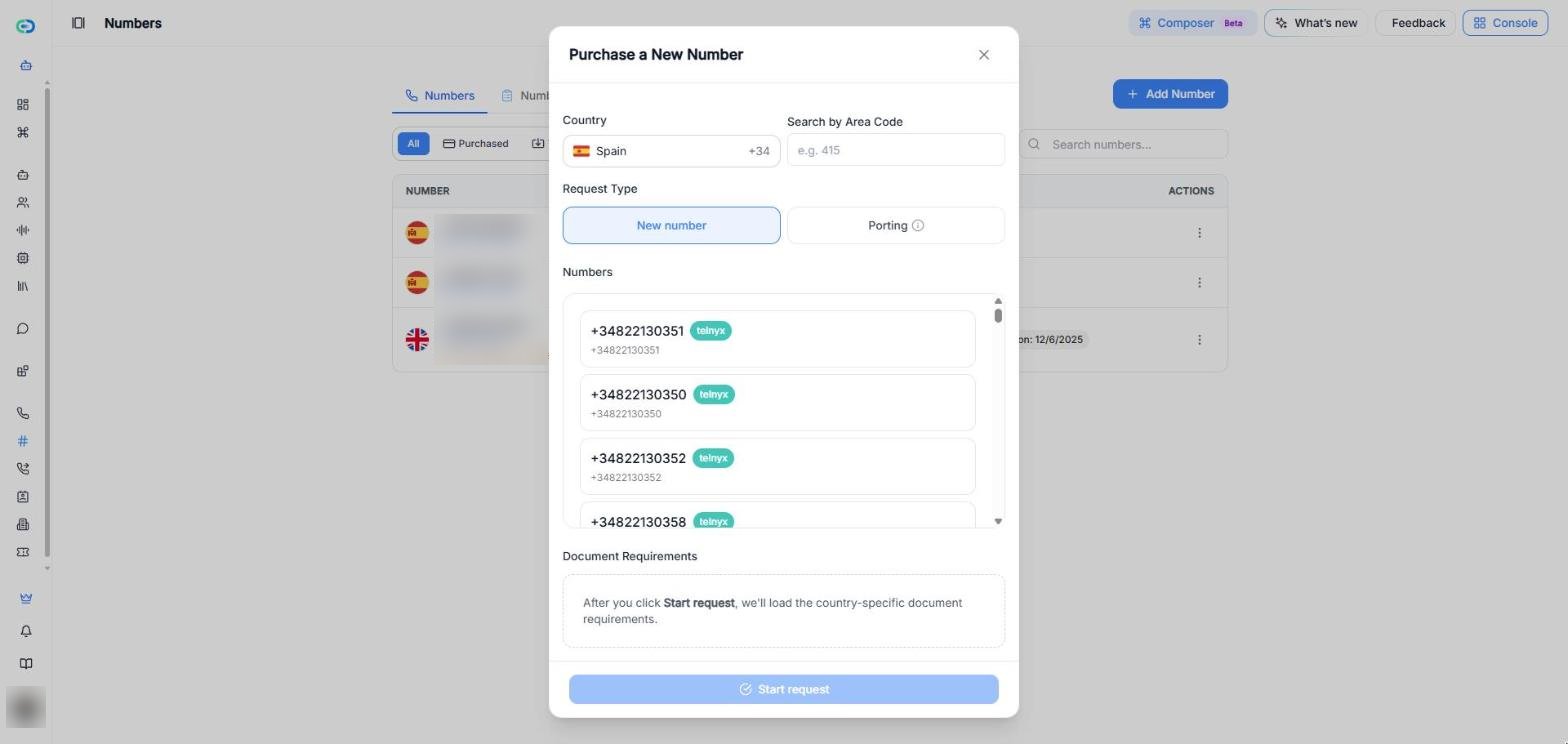 Finestra Acquista un nuovo numero per la Spagna, con le opzioni di Tipo di richiesta Nuovo numero e Portabilità, l’elenco dei numeri disponibili, la nota sui Requisiti documenti e il pulsante Avvia richiesta.